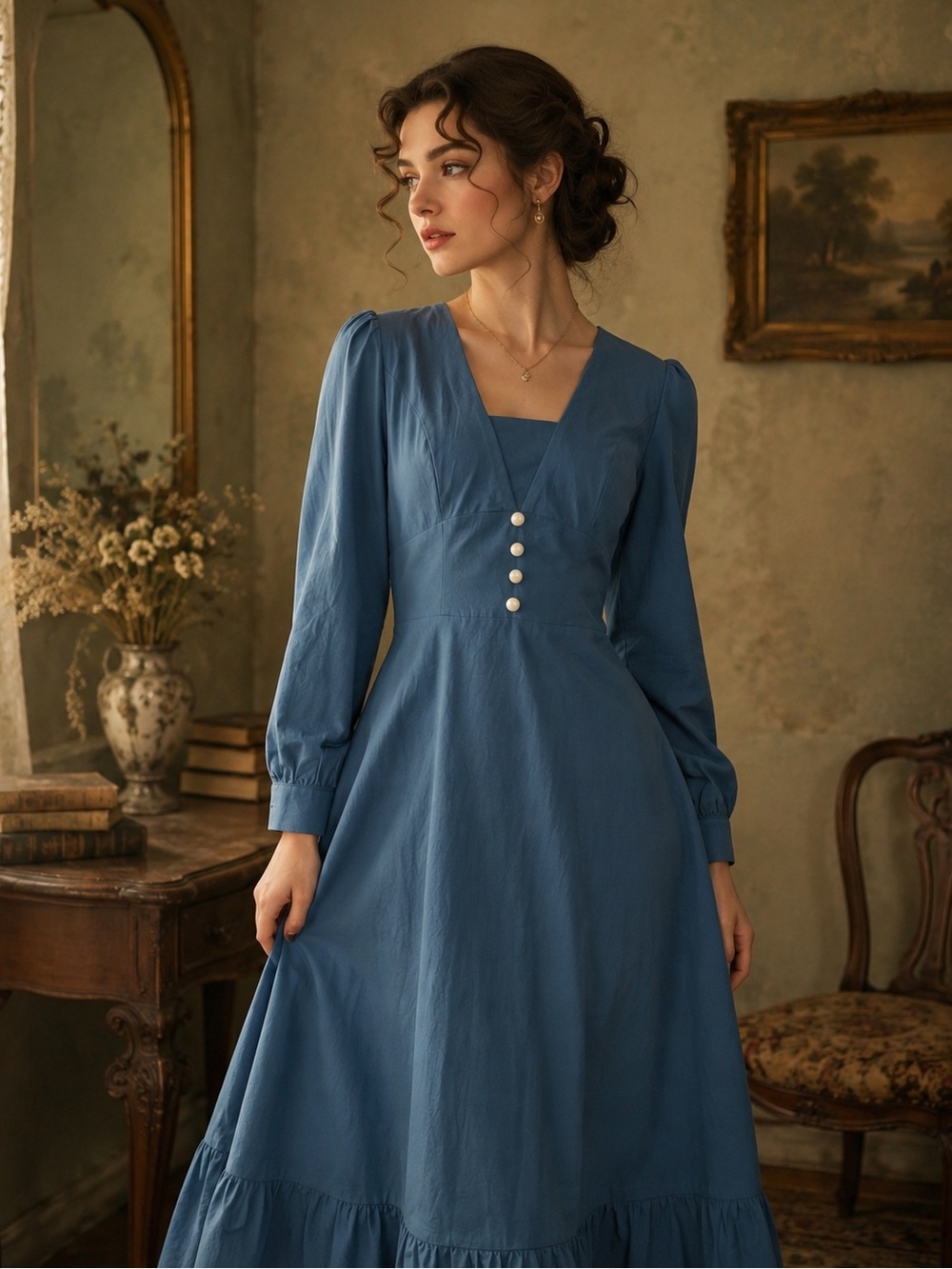 Teal-Blue Long-Sleeve Maxi Dress with Pearl Buttons #181